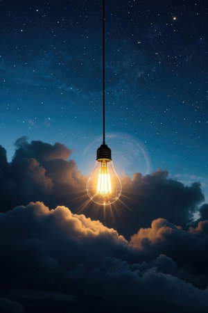 Light bulb in the night sky with stars and clouds. Creative conceptの素材