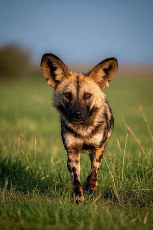 Portrait of an African Wild Dog running in the field in summerの素材