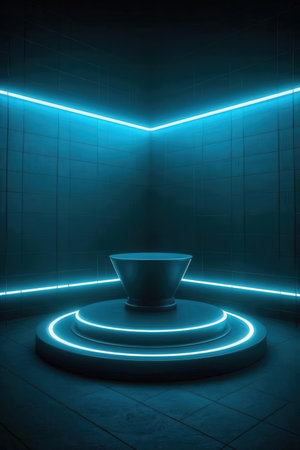3D rendering of a futuristic room with neon lights and a podiumの素材
