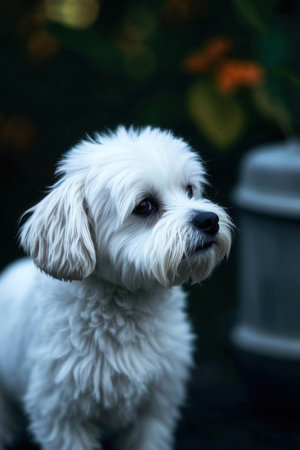 Cute White Maltese Puppy in the garden. Shallow depth of fieldの素材