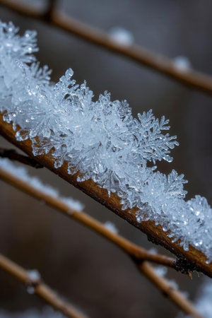 Ice crystals on a branch in the winter forest close-up.の素材