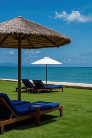 Chaise lounges and umbrellas on the beachの素材