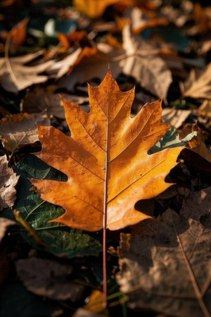 Autumn leaves on the ground in the park. Selective focus.の素材