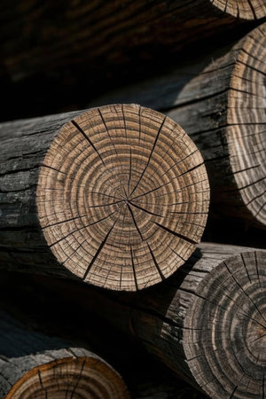 Wooden logs stacked in a pile close-up. Natural background.の素材