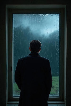 Rear view of a man looking through the window at the rainの素材