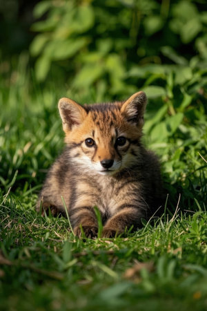 Baby fox cub in the grass on a sunny day. Selective focus.の素材