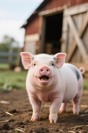 Cute little piglet standing on the farm in summer day.の素材