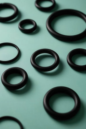 Black rings on a green background. Flat lay, top view.の素材