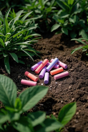 Colorful chalk in the garden. Selective focus. nature.の素材