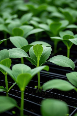 Vegetable seedlings growing in a greenhouse, selective focus.の素材