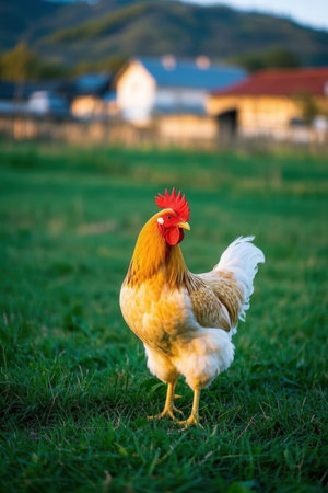 Beautiful rooster on the green grass in the village. Selective focus.の素材