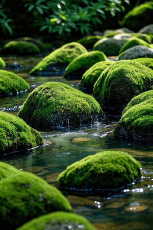 Mossy stones in a stream in the Japanese garden, close upの素材