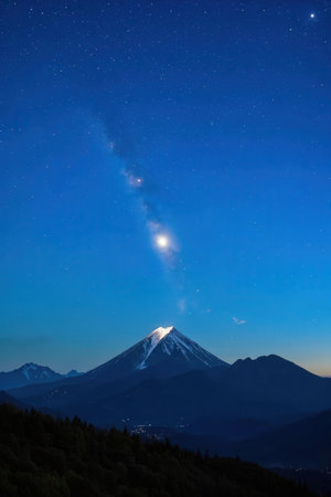 Mt. Fuji and starry sky at night, Yamanashi, Japanの素材