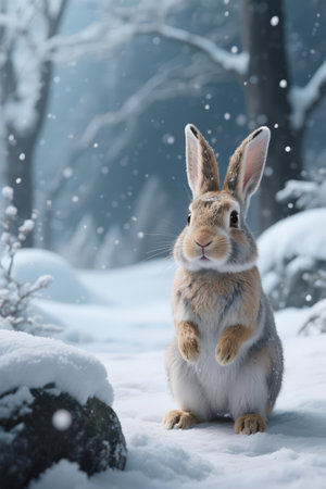 Cute rabbit in snowy forest. Winter season. Animal in nature.の素材