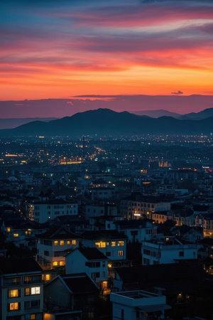 Sunset over the city of Bergamo, Lombardy, Italyの素材