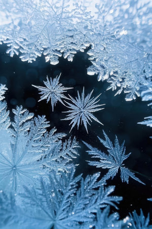 Frosty natural pattern on window glass. Abstract blue background.の素材