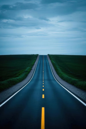 Road in the countryside with blue sky and green grass, long exposureの素材