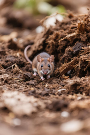 Close up of a brown mouse in a hole in the ground.の素材