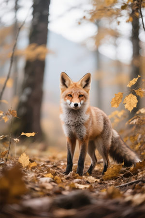 Red fox in the autumn forest. Wildlife scene from nature. Vulpes vulpes.の素材