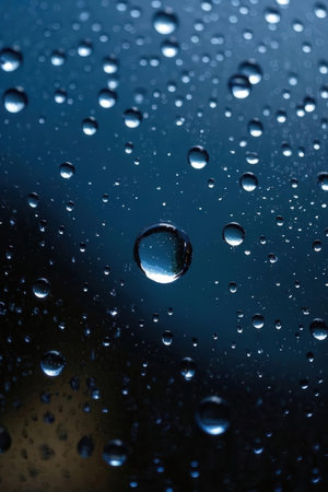 Water drops on glass with blue background. Shallow depth of field.の素材