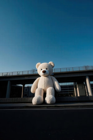 White teddy bear on the road with blue sky in the backgroundの素材