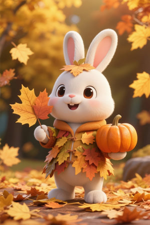 Cute white rabbit with pumpkin and autumn leaves on a sunny dayの素材