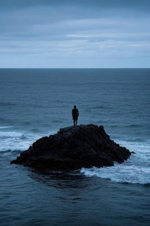 Silhouette of a man standing on a rock looking at the oceanの素材