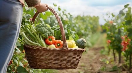 Woman holding basket with fresh vegetables in field, closeup. Organic farmingの素材