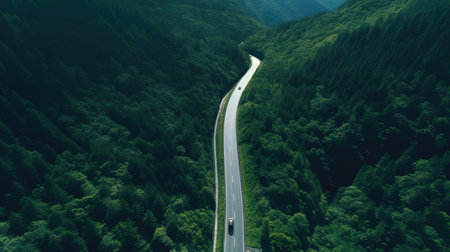 Aerial view of a winding mountain road in the Carpathiansの素材