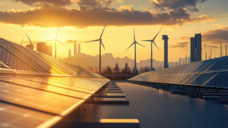 Solar panels and wind turbines at sunset, alternative energy source. 3D renderingの素材