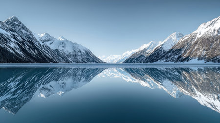 panoramic view of snowy mountains reflected in calm water of lakeの素材