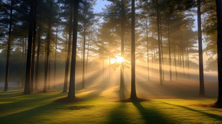 Sunrise in the pine forest. 3D render. Sunrise in the pine forestの素材