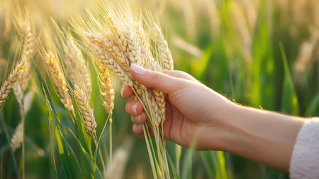 Close up of woman's hand touching wheat ears in the field.の素材