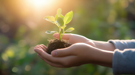 Hands holding young green plant growing out of soil on blurred nature backgroundの素材