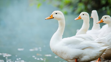 White swans on the lake, close-up, selective focusの素材