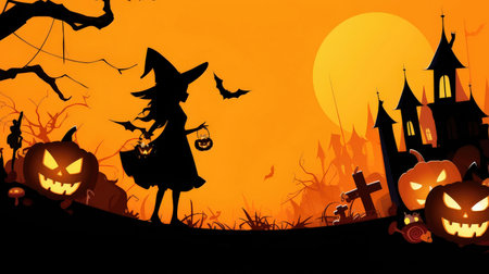 Halloween background with witch, castle and pumpkins. Vector illustration.の素材