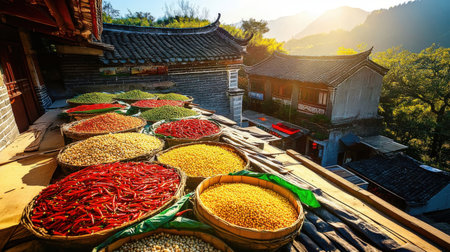 Chilli and beans in the market, Chengde, Hebei Province, Chinaの素材