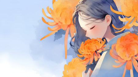 Illustration of a cute girl with an orange flower in her hairの素材
