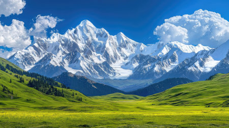 Beautiful mountain landscape with snow-capped peaks and meadowsの素材