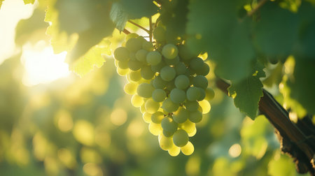 Bunch of green grapes in vineyard at sunset. Shallow depth of fieldの素材