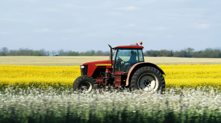 Tractor with a sprayer in a field of yellow rapeseedの素材