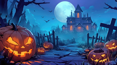 Halloween background with spooky haunted house and pumpkins, vector illustrationの素材