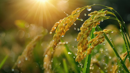 Rice in paddy rice field with sunlight and dew.の素材