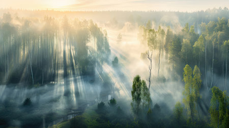 Foggy morning in the forest. Landscape with fog.の素材