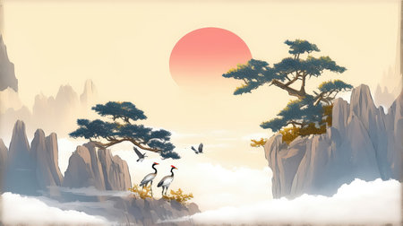 Landscape with pine trees and cranes in the background of the sunの素材