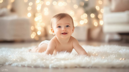 Cute little baby lying on fur rug in room decorated for Christmasの素材