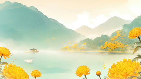 Beautiful landscape with lake and mountains. Digital art painting style.の素材