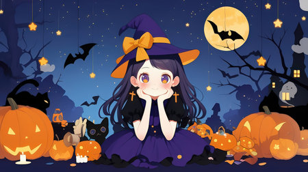 Cute girl in witch costume on halloween night background illustrationの素材