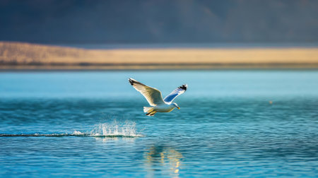 Seagull flying in the blue sky over the lake. Bird in flight.の素材
