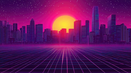 Retro 80s or 90s cyberpunk futuristic city background. Futuristic city landscape. Vector illustration.の素材